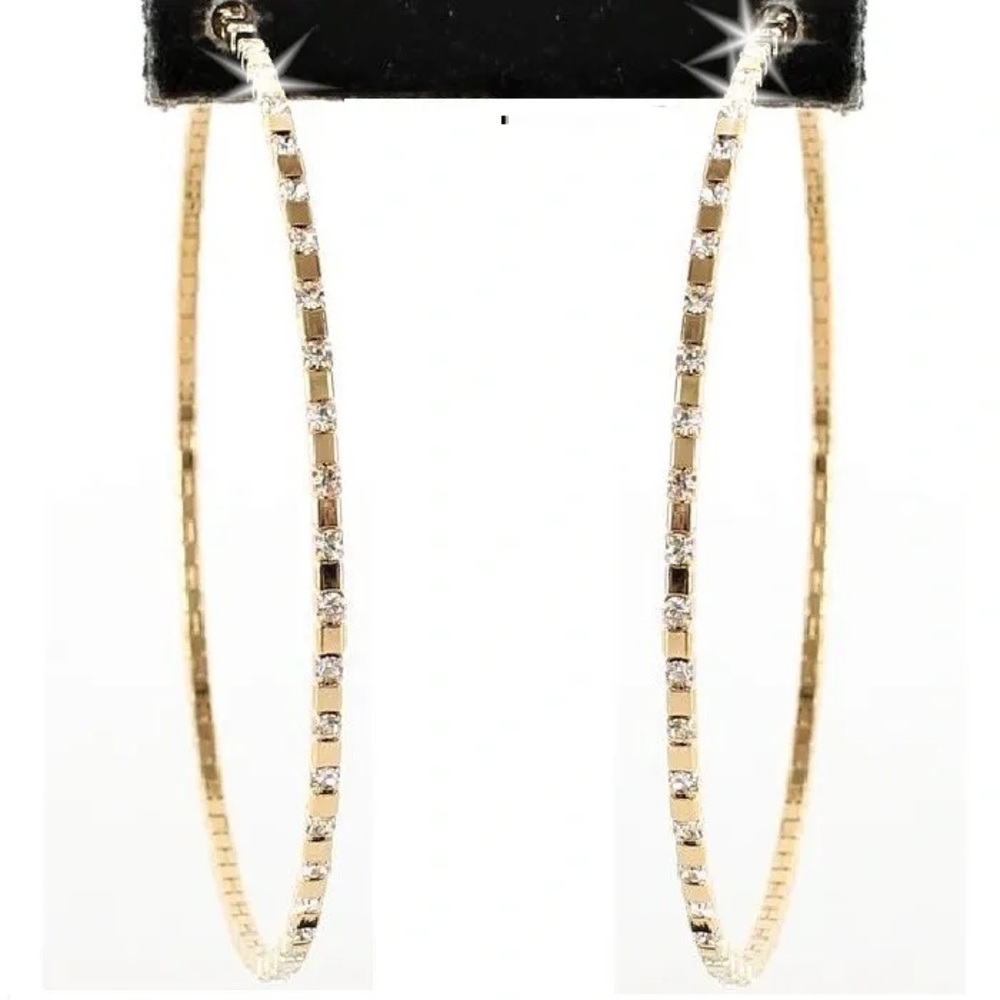 3" Long BLING Pave Set Crystal Cz Hoop dangle drop statement Earrings Gold